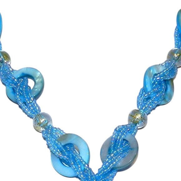 New Blue Silver Foil Glass Pendant & Mother of Pearl Gemstone Necklace 18" FN138 - Picture 2 of 3